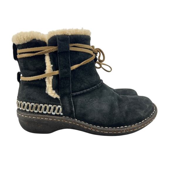 UGG Womens 7 Boots Black Suede Warm Sheepskin Lining Winter Cove Bootie F8008J - Picture 1 of 14